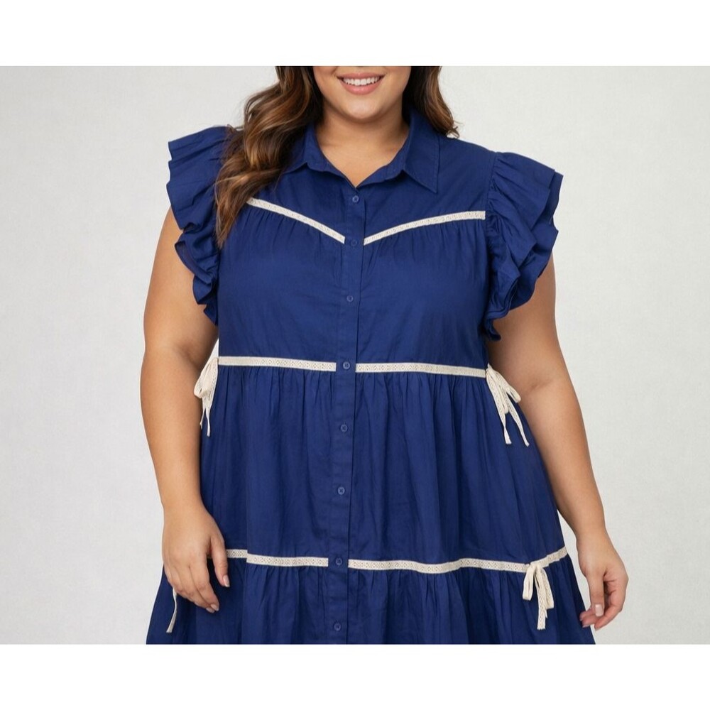 ChicSoul Women's Navy Tiered Babydoll Dress Button Front Lace Detail Size 2X